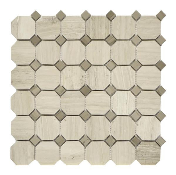 Wooden White Octagon with Dot Polished Marble Mosaic Tile 12x12