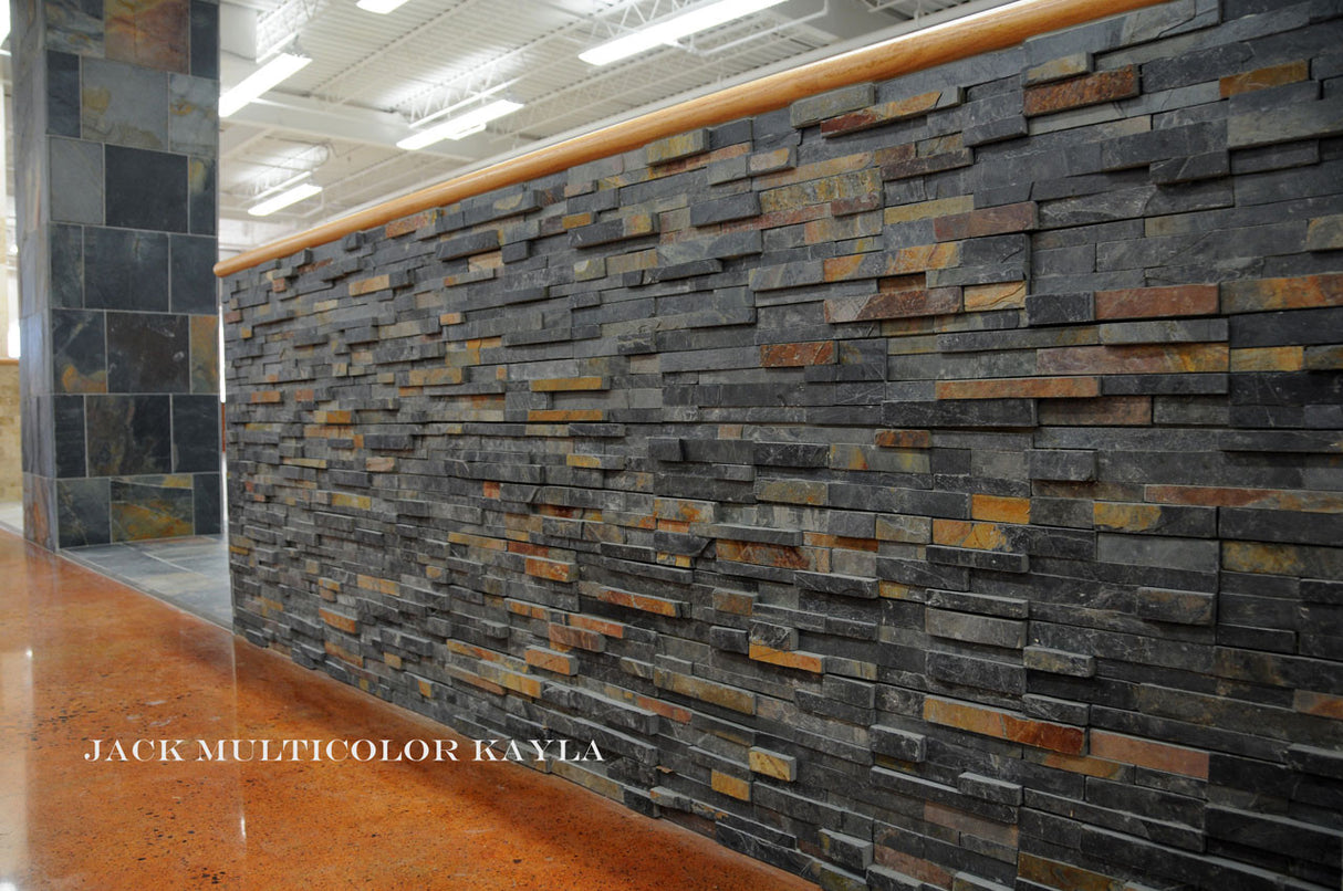 Wall with stacked stone paneling.