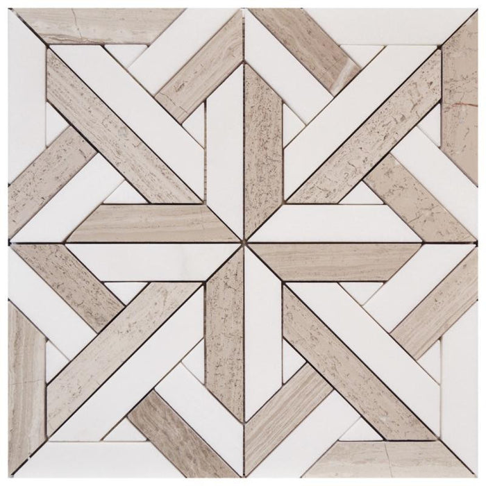 Wooden White and Thassos Cross Polished Marble Mosaic Tile 12x12 1