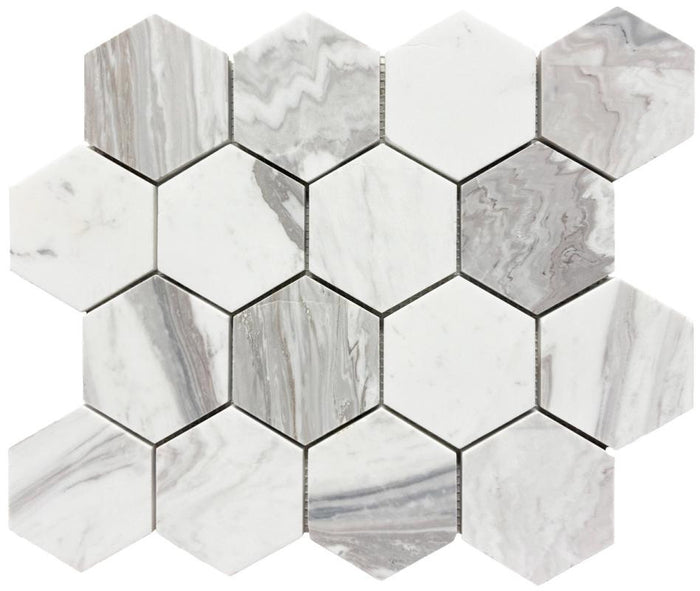 Skyscape White 3" Hex Marble Mosaic Tile 12x10 Sheet 1