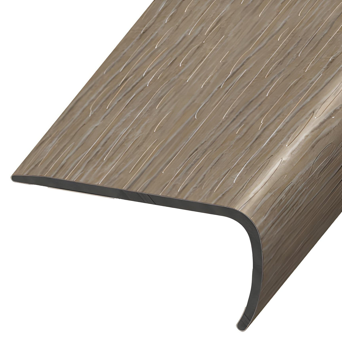 Example of a coordinating vinyl stair nosing in a matching wood-grain finish