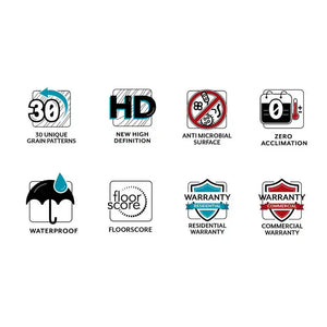 Pacific Grove feature icons: waterproof, HD, antimicrobial, FloorScore, warranties