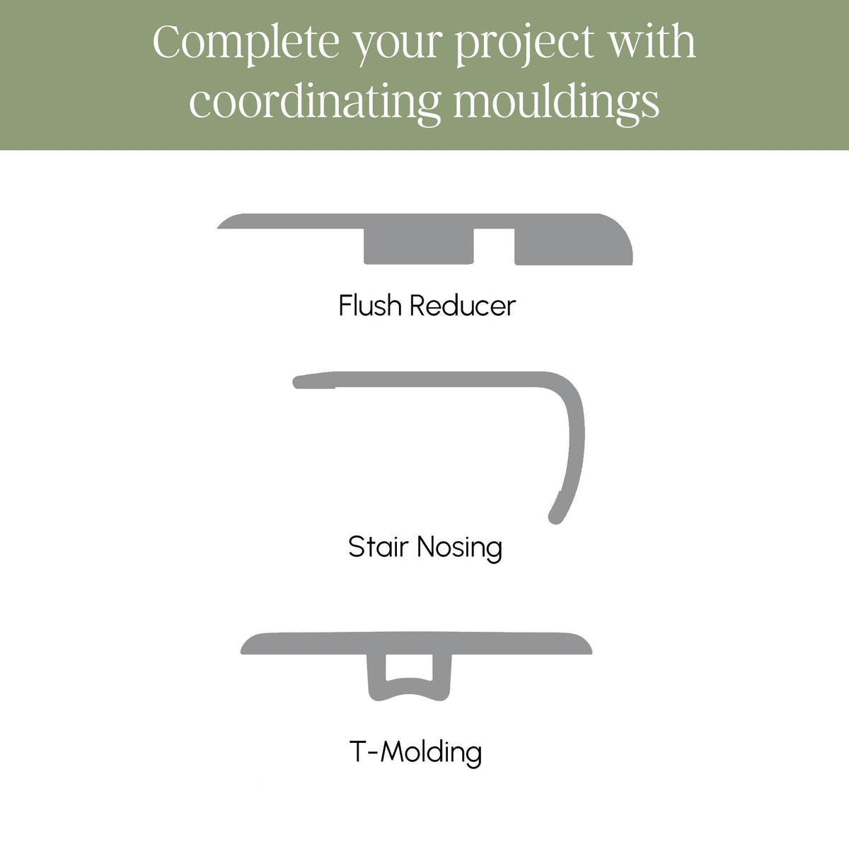 Diagram of coordinating vinyl moldings: flush reducer, stair nosing and T-molding