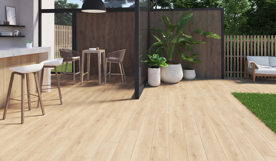 Wood Look Porcelain Plank Tile flooring outdoor space
