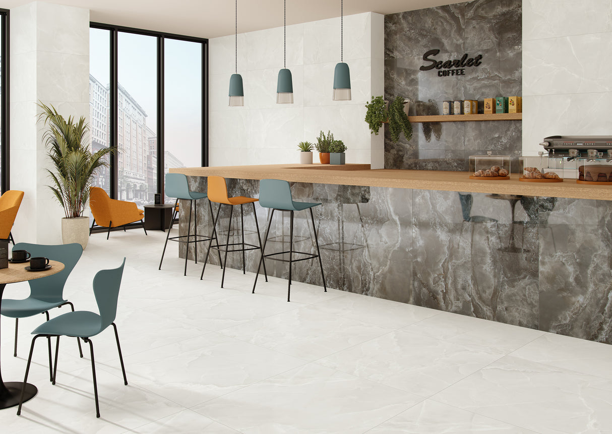 Modern cafe interior with Spanish Soft White Porcelain tiles
