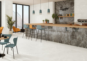 Modern cafe interior with Spanish Soft White Porcelain tiles
