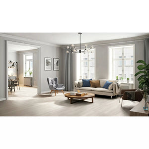 American Oak Pearl 8x24 ceramic floor tile installed on a living room floor