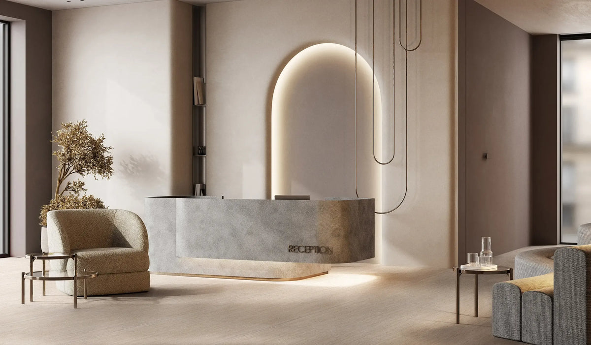 Cava White 15x30 ceramic floor tile installed in a lounge setting