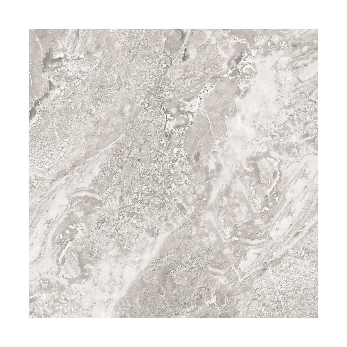 Brescia Grey porcelain tile face variation with bold white and grey breccia veining