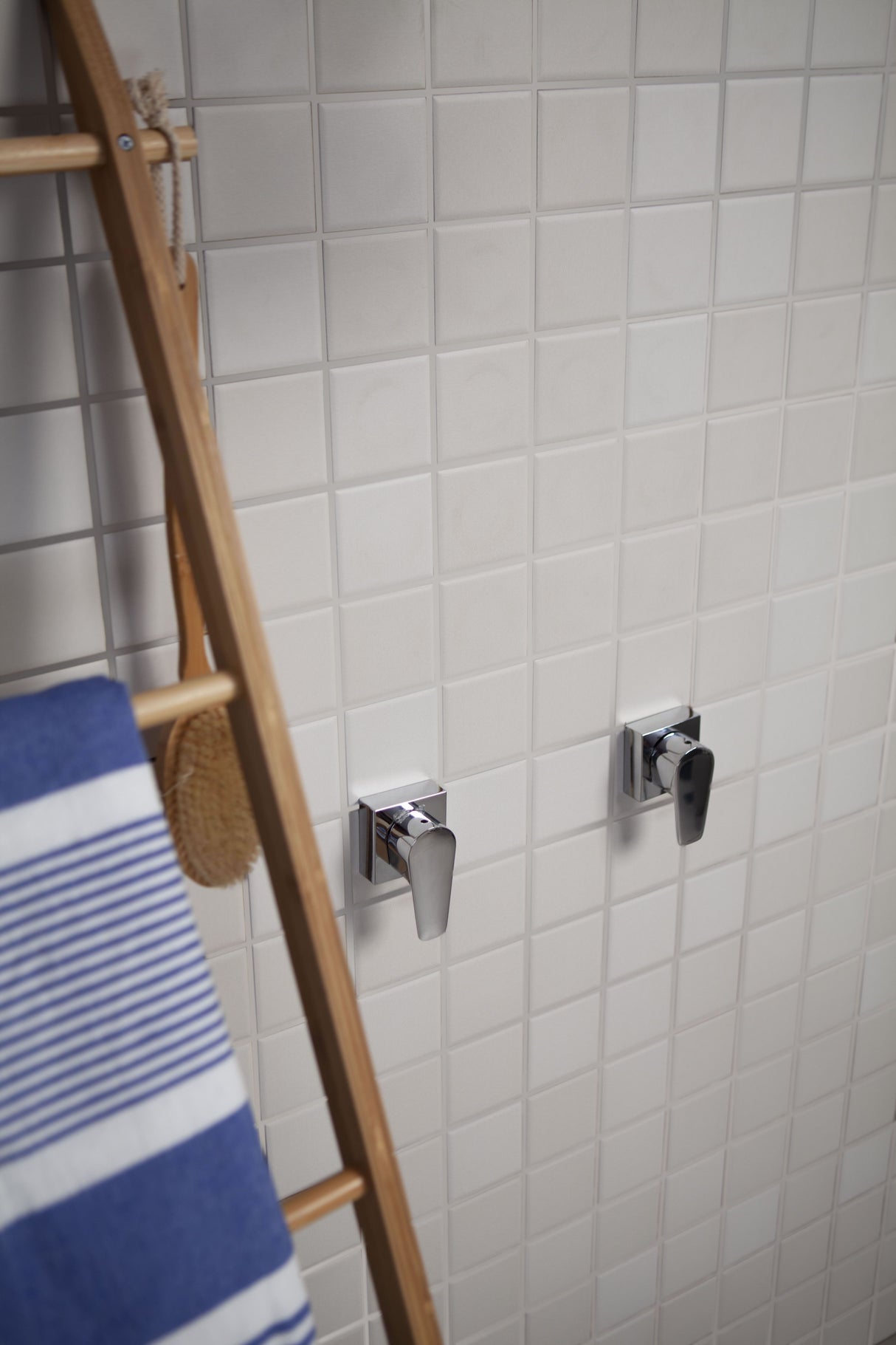 Bathroom wall with towel rack, hooks, and a ladder with a striped towel.