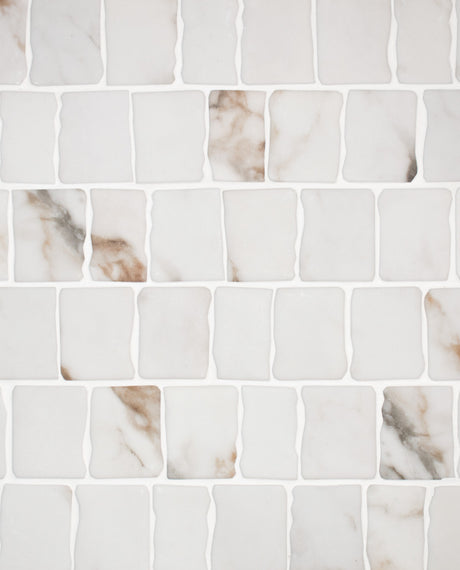 Calacatta broken joint glass mosaic tile 12x12 sheet with soft gray marble-look veining