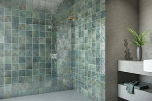 Bathroom with green tiled walls and a shelf with a plant and towels.