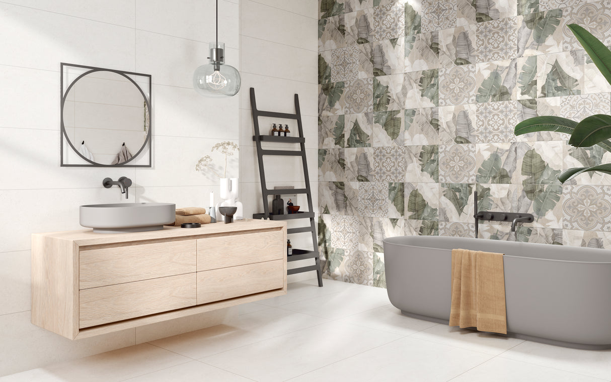 Enya Leaves White 12x40 Ceramic Wall Tile
