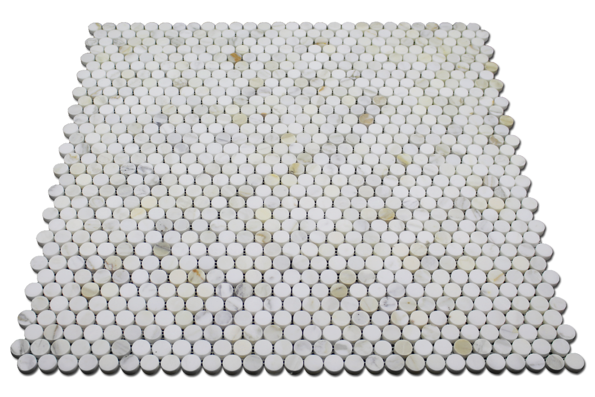 Angled Calacatta Penny Round Mosaic Tiles