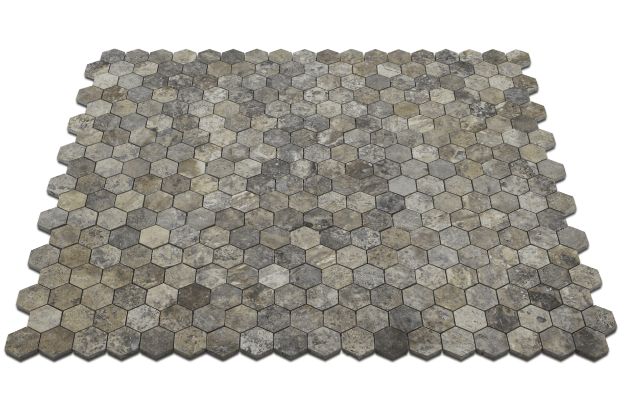 Angled Silver Travertine Honeycomb Mosaic Tile