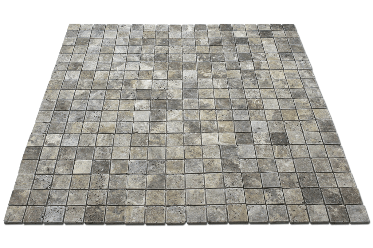 Larger view of our Silver Travertine 2x2 Tumbled Mosaic Tile