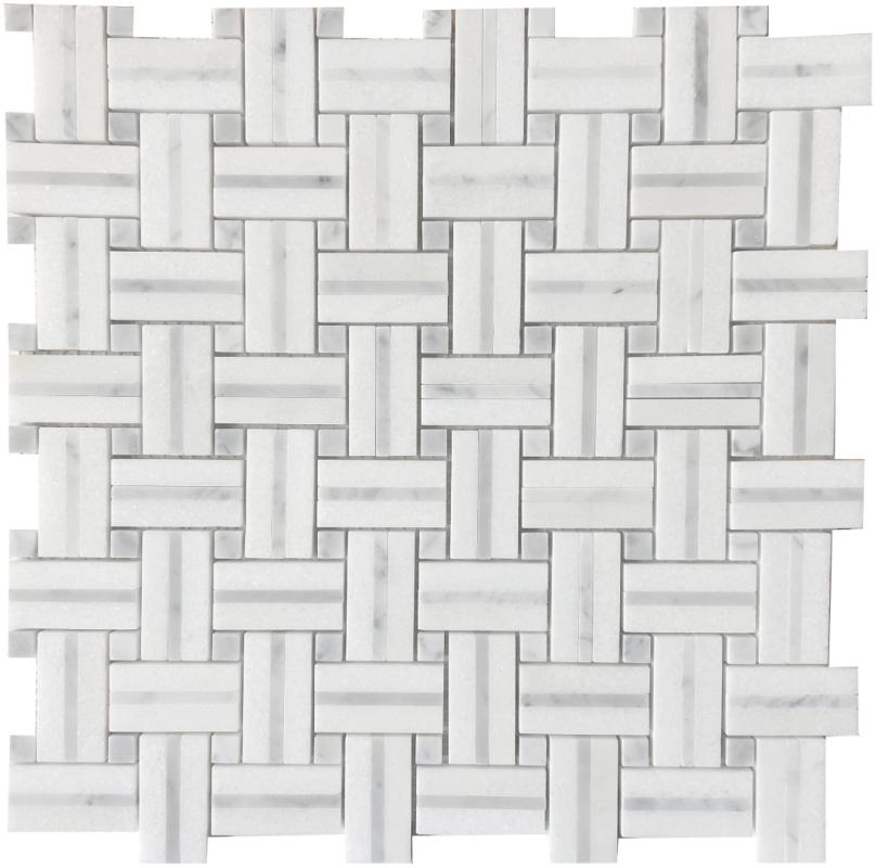 White Stone Basketweave with Gray Dot Marble Mosaic 12x12