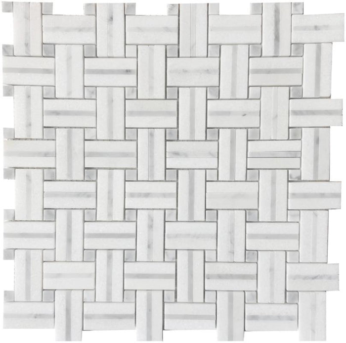 White Stone Basketweave with Gray Dot Marble Mosaic 12x12 1