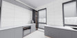 Pure White Polished 12x24 porcelain tile installed on kitchen walls above gray cabinets