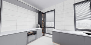 Pure White Polished 12x24 porcelain tile installed on kitchen walls above gray cabinets