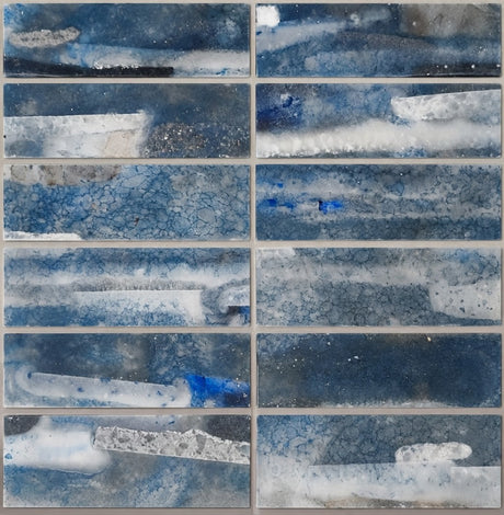 Caleido Marino 2x6 glass mosaic tile 12x12 sheet, deep blue glass bricks with cloudy white streaks and crackle texture