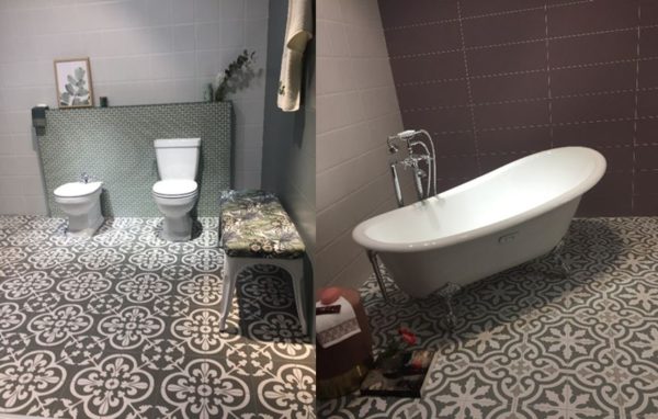 Notice the green mosaic feature wall on the left and the two different rectangular wall tile colors on the right.